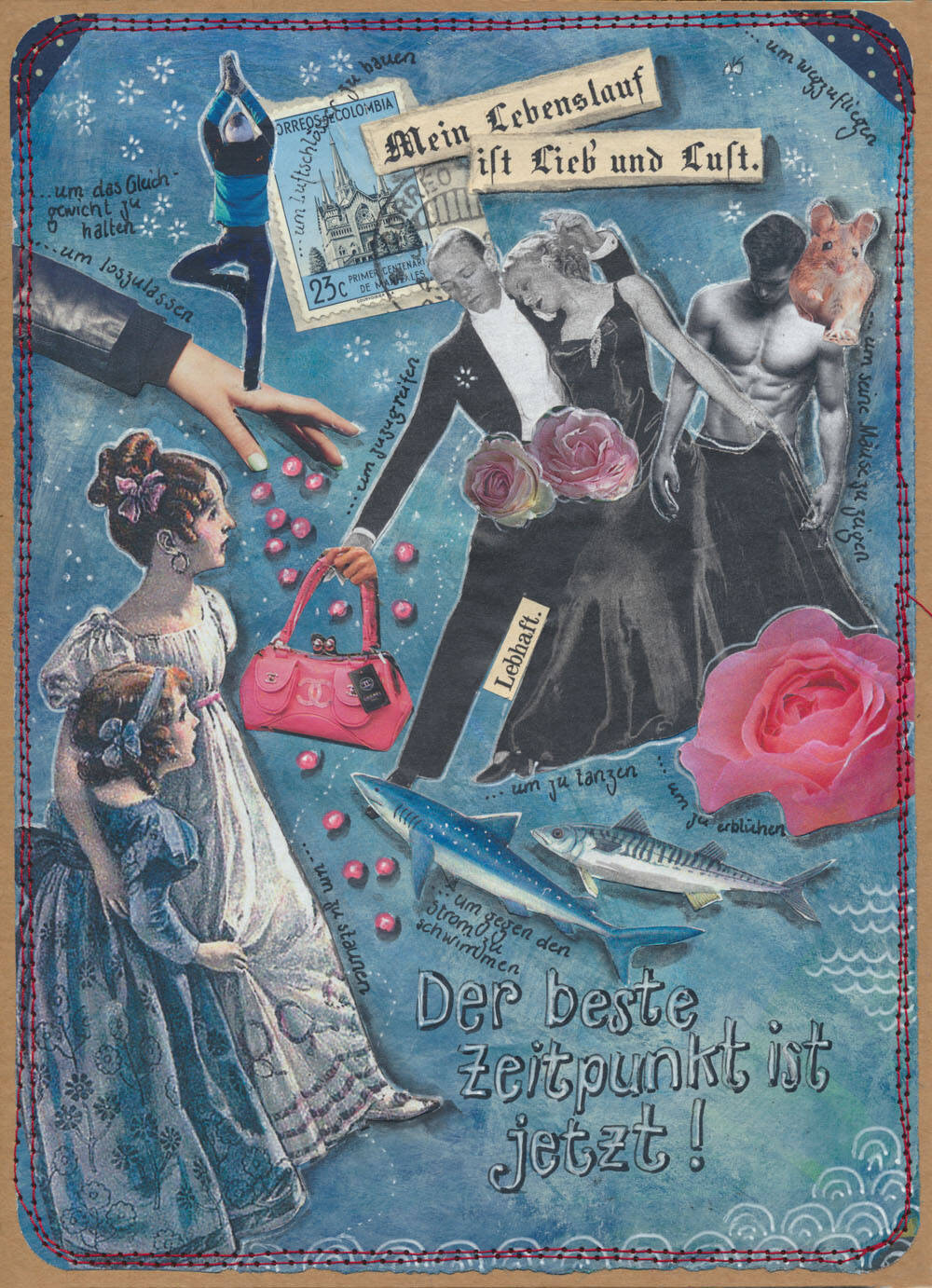 Collagen-Bild in Blautönen mit rosa Akzenten. Zwei Mädchen aus der Empire-Zeit schauen auf Ginger Rogers und Fred Astaire. Ein Bodybuilder mit einer Maus auf der Schulter und zwei Haie schauen ebenfalls zu. Text im Bild: Der beste Zeitpunkt ist jetzt!